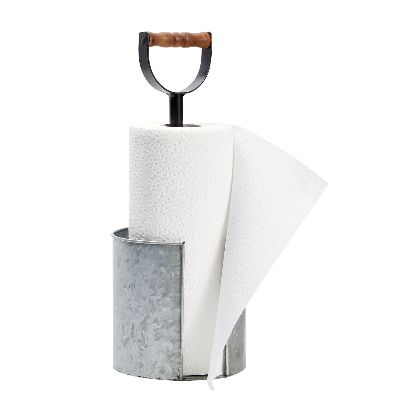 Kitchen Paper Towel Holder for Countertop with Wooden Handle, Galvanized Farmhouse Decor 15 x 16 In